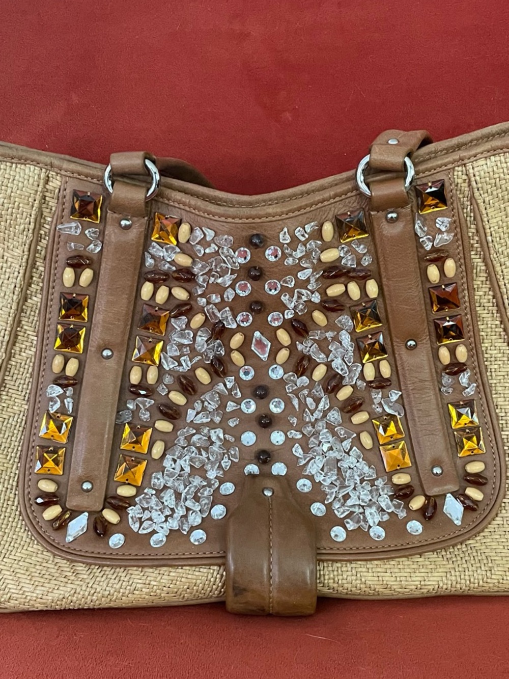 Cole Haan Sydney Straw and Leather Jeweled Bag